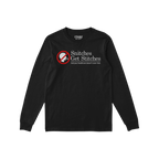 Black long-sleeve Snitches Get Stitches Shirt featuring a red no symbol over a face silhouette and the humorous slogan addres