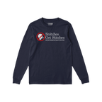 Navy-blue long-sleeve T-shirt featuring the slogan “Snitches Get Stitches” with a humorous tagline beneath, and ALLIES. b