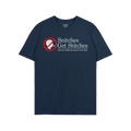 Dark navy-blue T-shirt featuring Snitches Get Stitches slogan, humorously critiquing healthcare with a “no talking” icon,
