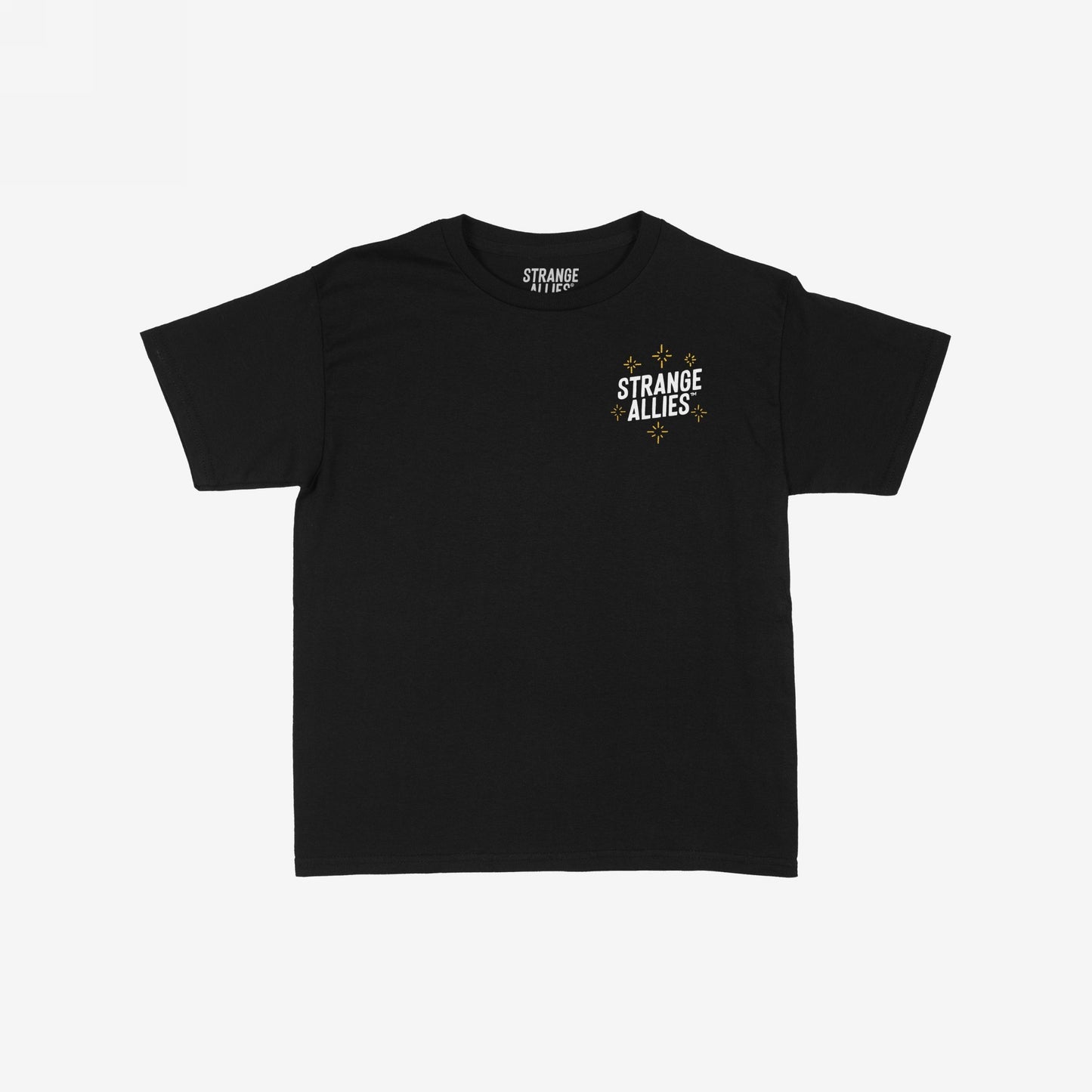 Social Club Women's Baby Tee, featuring a small STRANGE ALLIES graphic with gold sparkles on the chest, laid flat, showcasing its crew neck and short sleeves. Ideal for expressing individuality and unity.