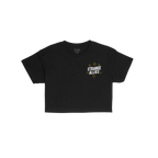 Social Club Women's Baby Tee, featuring a small STRANGE ALLIES graphic with gold sparkles on the chest, laid flat, showcasing