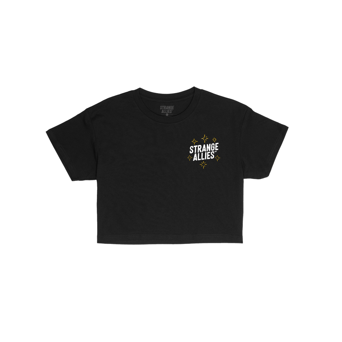 Social Club Women's Baby Tee, featuring a small STRANGE ALLIES graphic with gold sparkles on the chest, laid flat, showcasing