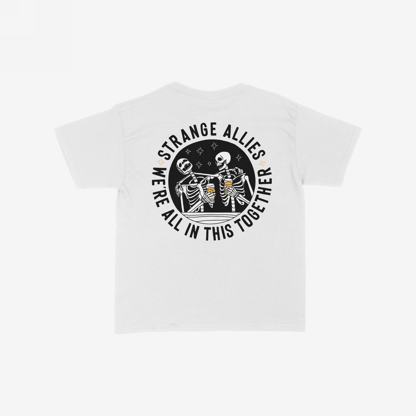 Back view of the Social Club Women's Baby Tee featuring two skeletons toasting beer mugs with “STRANGE ALLIES” and “WE’RE ALL IN THIS TOGETHER” slogans, reflecting unity and playful rebellion.