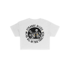 Back view of the Social Club Women's Baby Tee featuring two skeletons toasting beer mugs with “STRANGE ALLIES” and “WE�