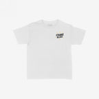 Social Club Women's Baby Tee featuring a small STRANGE ALLIES logo with gold starburst graphics on the chest, laid flat on a white background.