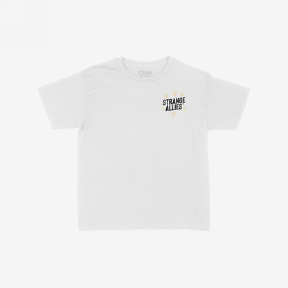 Social Club Women's Baby Tee featuring a small STRANGE ALLIES logo with gold starburst graphics on the chest, laid flat on a white background.