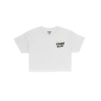 Social Club Women's Baby Tee featuring a small STRANGE ALLIES logo with gold starburst graphics on the chest, laid flat on a 