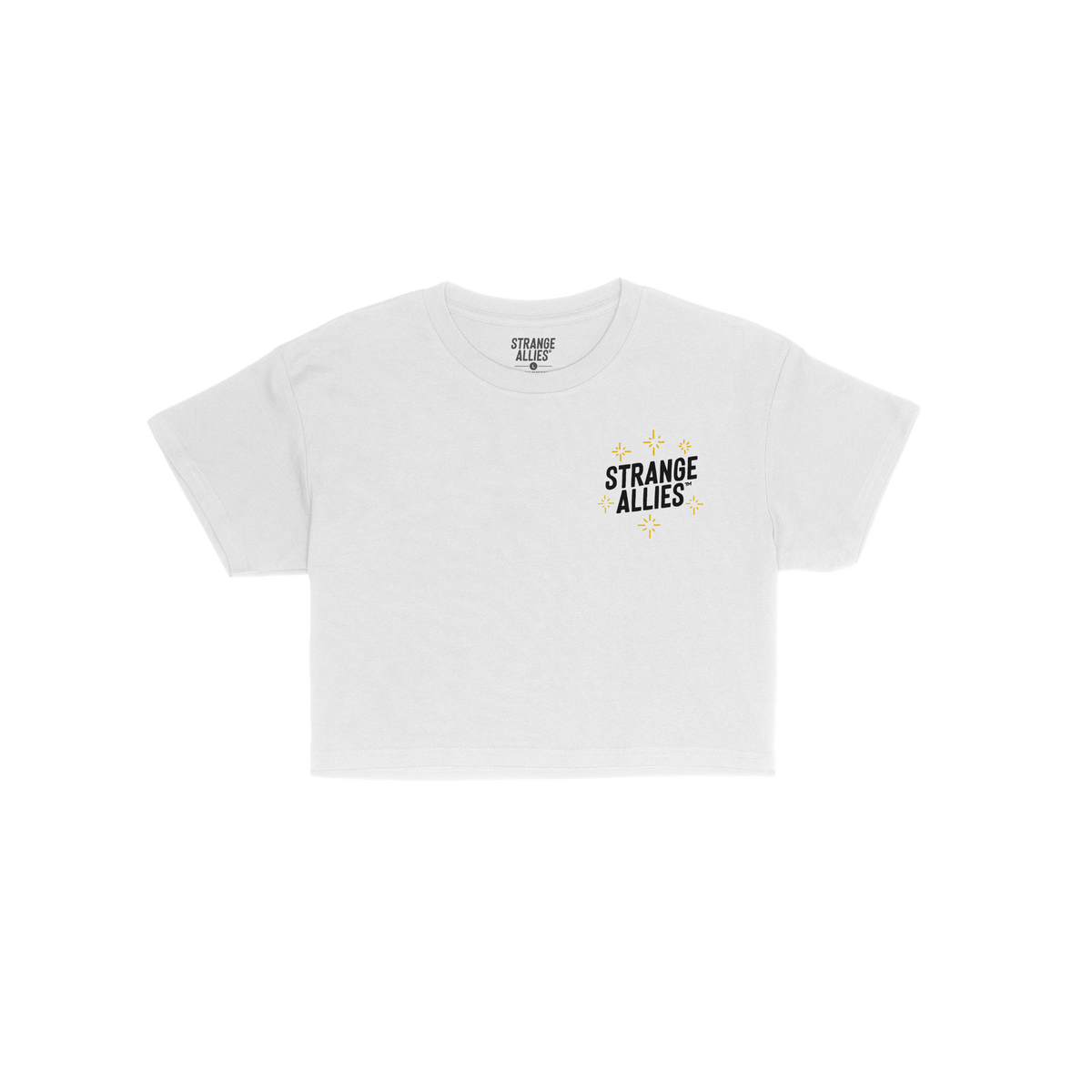 Social Club Women's Baby Tee featuring a small STRANGE ALLIES logo with gold starburst graphics on the chest, laid flat on a 