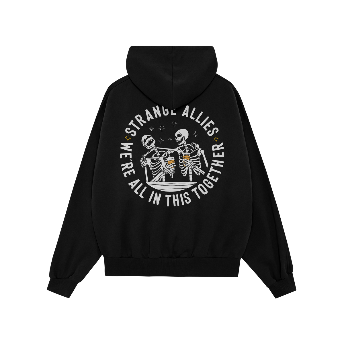 Social Club Hoodie & Sweatshirt features a back design with skeletons clinking beer mugs, surrounded by the text “STRANGE A