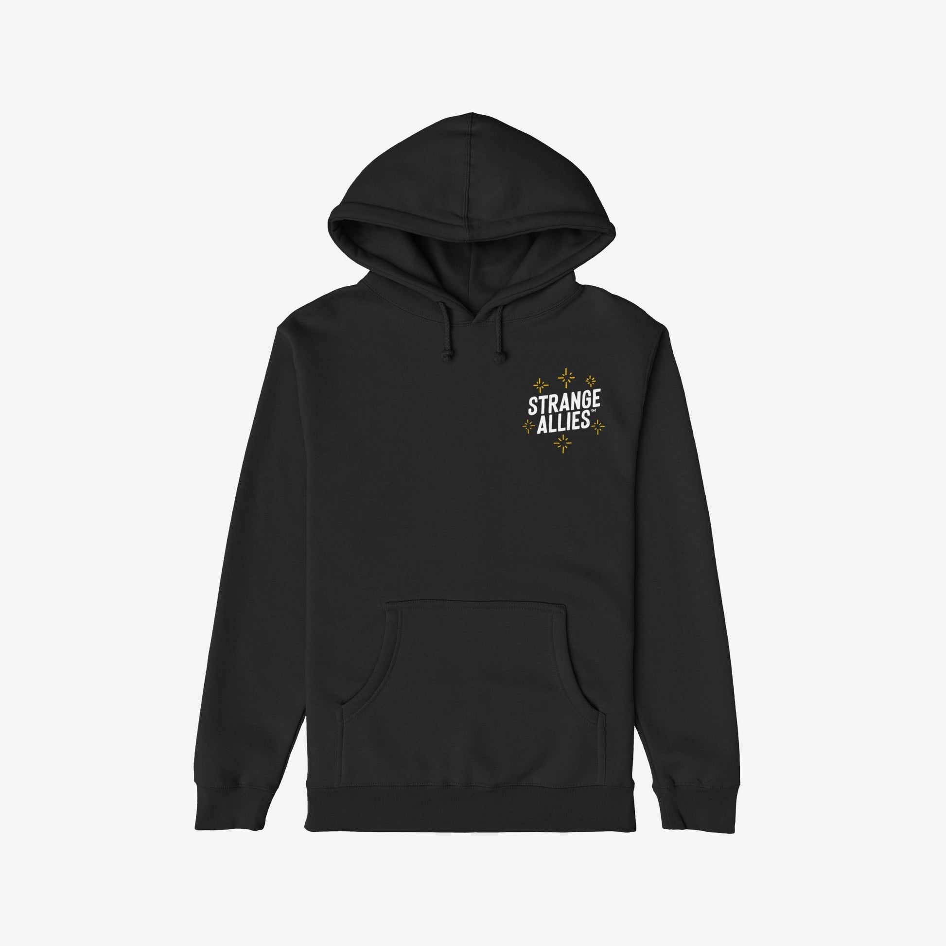 Social Club Hoodie features a black pullover design with STRANGE ALLIES and yellow starbursts on the chest, embodying solidarity through quirky style. Ideal for unhinged gatherings or everyday wear.