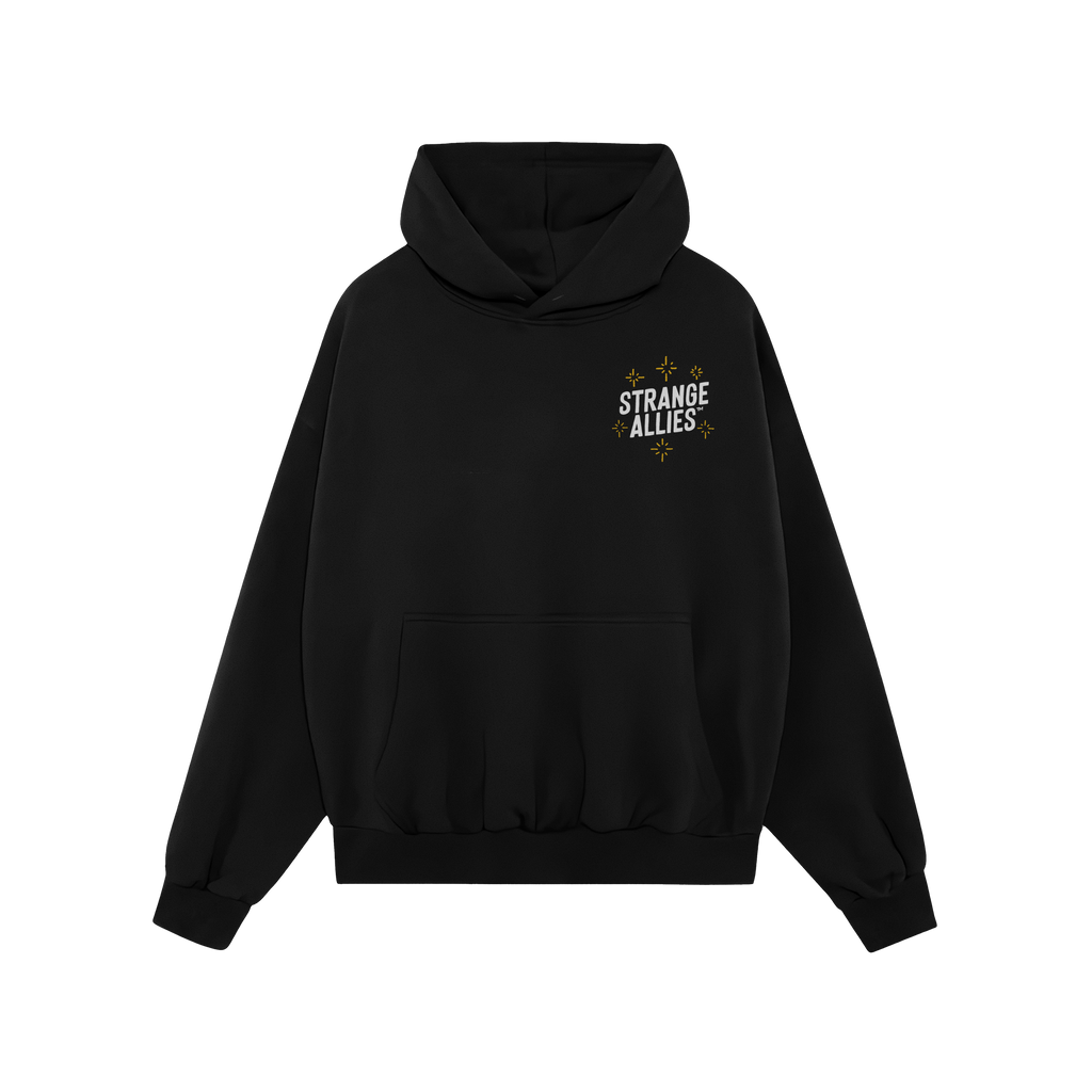 Social Club Hoodie features a black pullover design with STRANGE ALLIES and yellow starbursts on the chest, embodying solidar