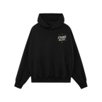 Social Club Hoodie features a black pullover design with STRANGE ALLIES and yellow starbursts on the chest, embodying solidar