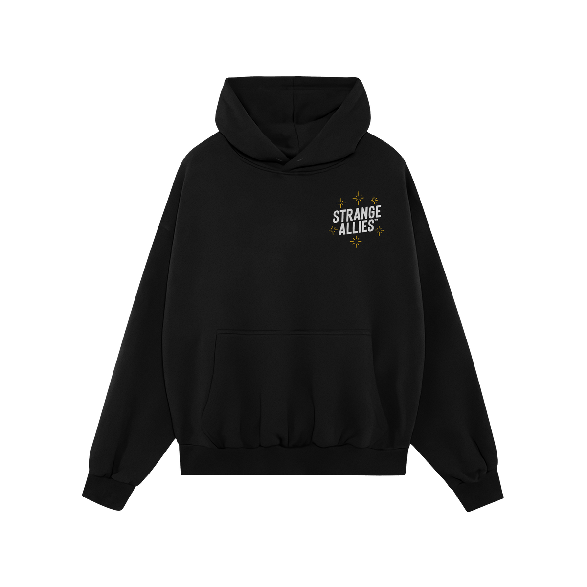 Social Club Hoodie features a black pullover design with STRANGE ALLIES and yellow starbursts on the chest, embodying solidar
