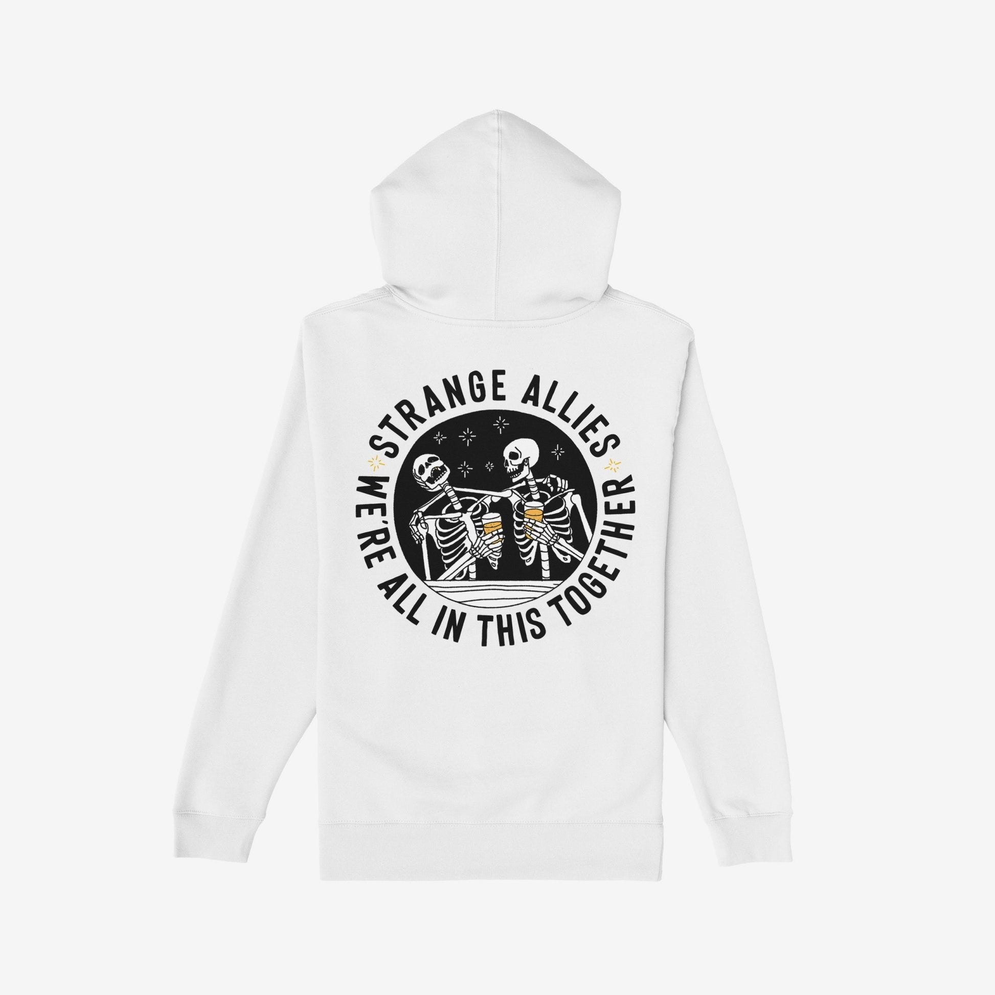 Social Club Hoodie & Sweatshirt featuring two skeletons toasting with beer mugs, surrounded by STRANGE ALLIES and WE'RE ALL IN THIS TOGETHER text on the back.