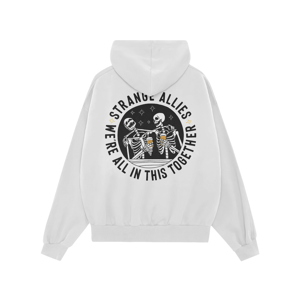 Social Club Hoodie & Sweatshirt featuring two skeletons toasting with beer mugs, surrounded by STRANGE ALLIES and WE'RE ALL I