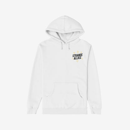 Social Club Hoodie featuring STRANGE ALLIES on the chest, adorned with gold star sparkles and a cozy kangaroo pocket, embodying a playful, supportive vibe.