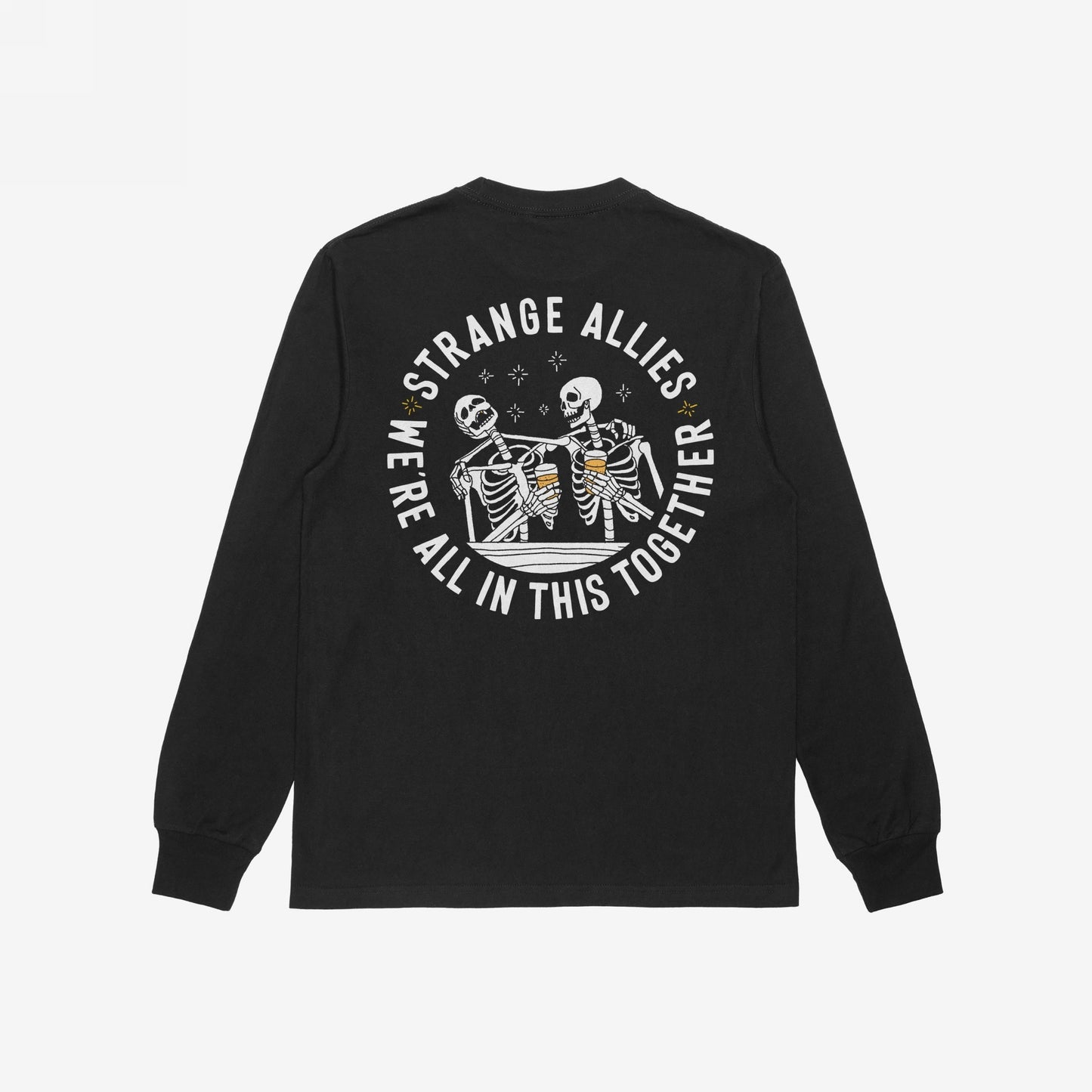 Social Club T-shirt back view featuring two cartoon skeletons clinking beer glasses inside a circle, with bold text: STRANGE ALLIES and WE’RE ALL IN THIS TOGETHER, symbolizing unity and camaraderie.