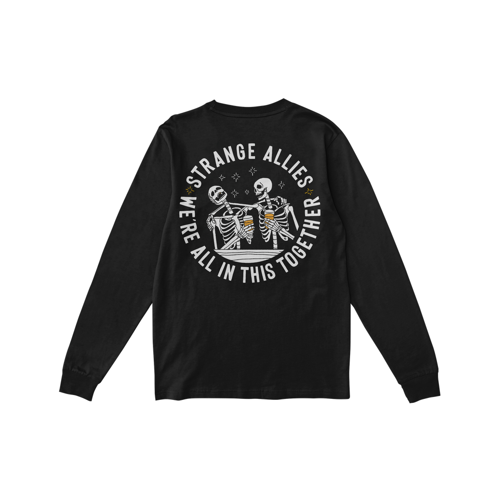 Social Club T-shirt back view featuring two cartoon skeletons clinking beer glasses inside a circle, with bold text: STRANGE