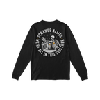 Social Club T-shirt back view featuring two cartoon skeletons clinking beer glasses inside a circle, with bold text: STRANGE