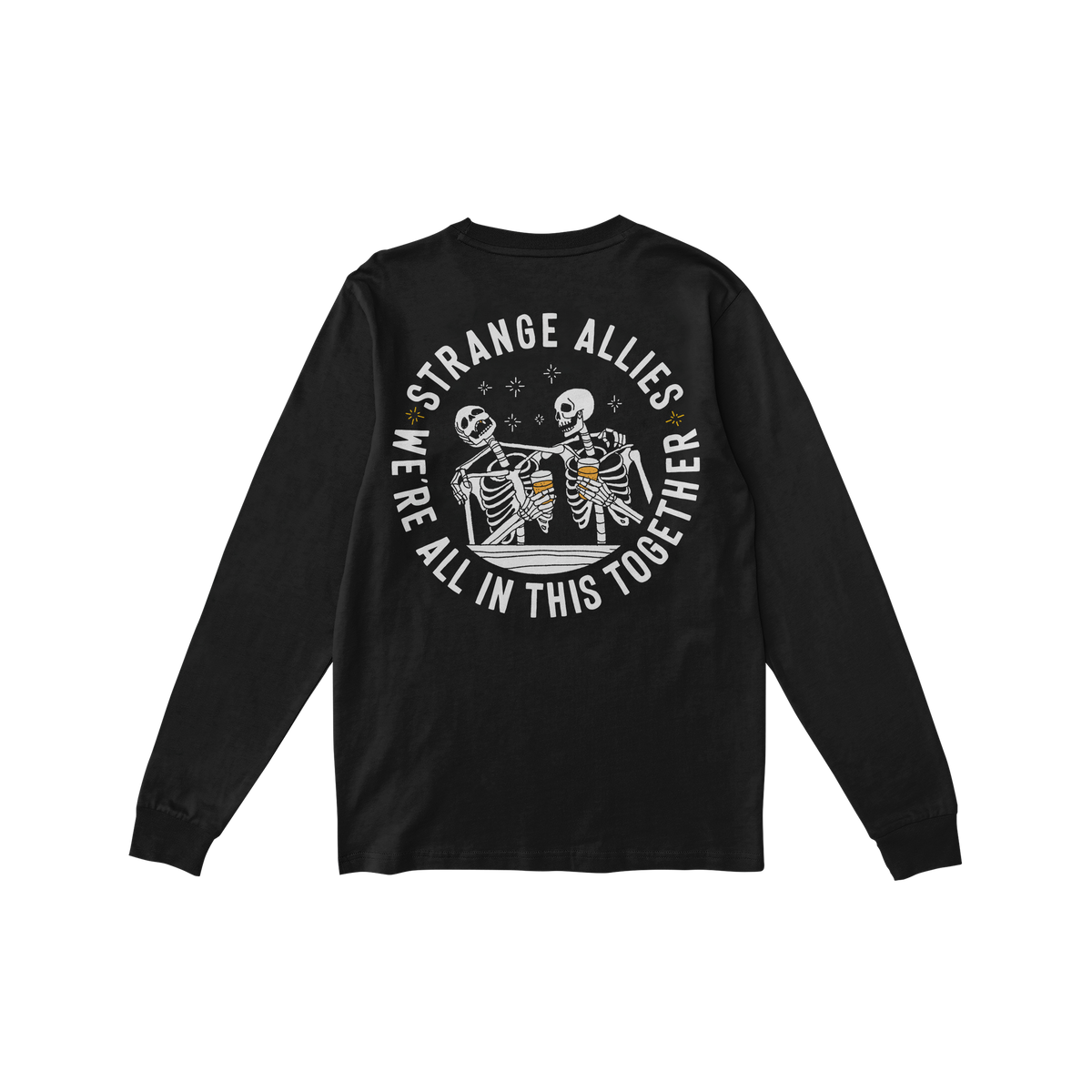 Social Club T-shirt back view featuring two cartoon skeletons clinking beer glasses inside a circle, with bold text: STRANGE