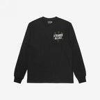 Social Club T-shirt: Black long-sleeve with STRANGE ALLIES text and star-like sparkles on chest; features skeletons clinking glasses on the back, symbolizing camaraderie among diverse individuals.