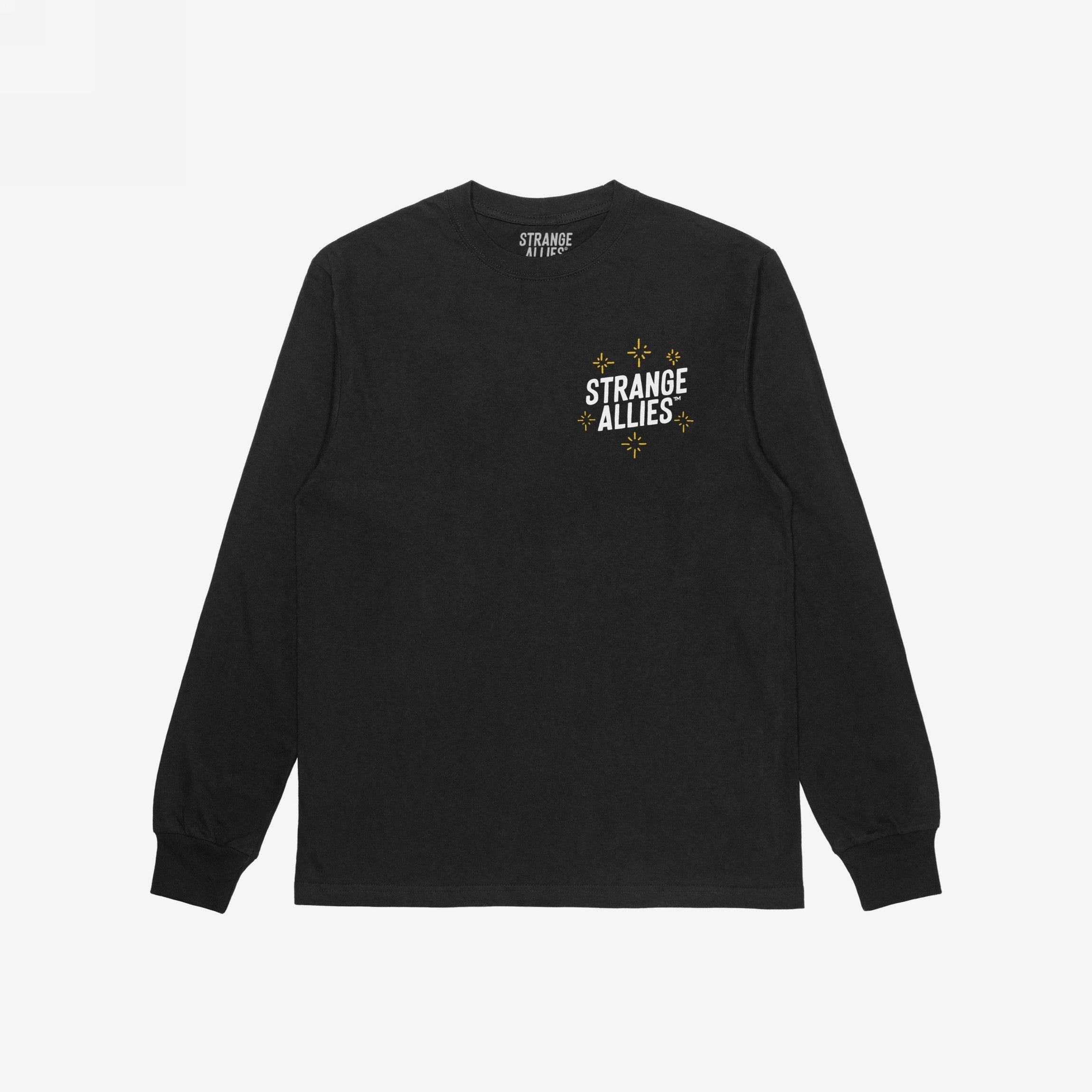 Social Club T-shirt: Black long-sleeve with STRANGE ALLIES text and star-like sparkles on chest; features skeletons clinking glasses on the back, symbolizing camaraderie among diverse individuals.