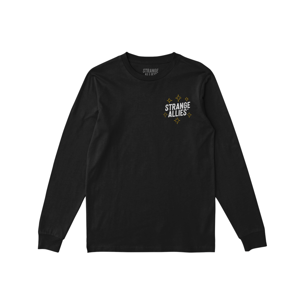 Social Club T-shirt: Black long-sleeve with STRANGE ALLIES text and star-like sparkles on chest; features skeletons clinking 