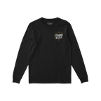 Social Club T-shirt: Black long-sleeve with STRANGE ALLIES text and star-like sparkles on chest; features skeletons clinking 