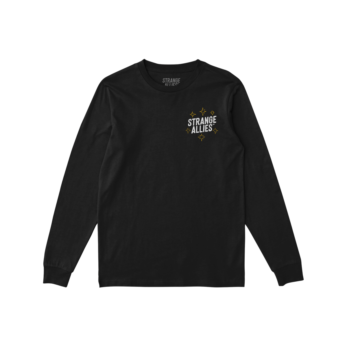 Social Club T-shirt: Black long-sleeve with STRANGE ALLIES text and star-like sparkles on chest; features skeletons clinking 