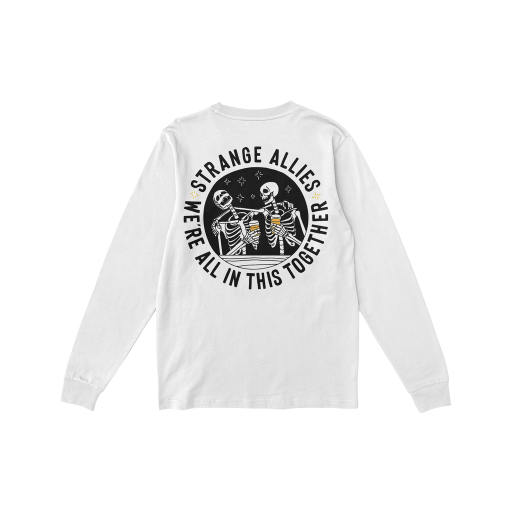 Social Club T-shirt featuring skeletons clinking beer mugs under a starry sky, surrounded by the text “STRANGE ALLIES” an