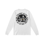 Social Club T-shirt featuring skeletons clinking beer mugs under a starry sky, surrounded by the text “STRANGE ALLIES” an