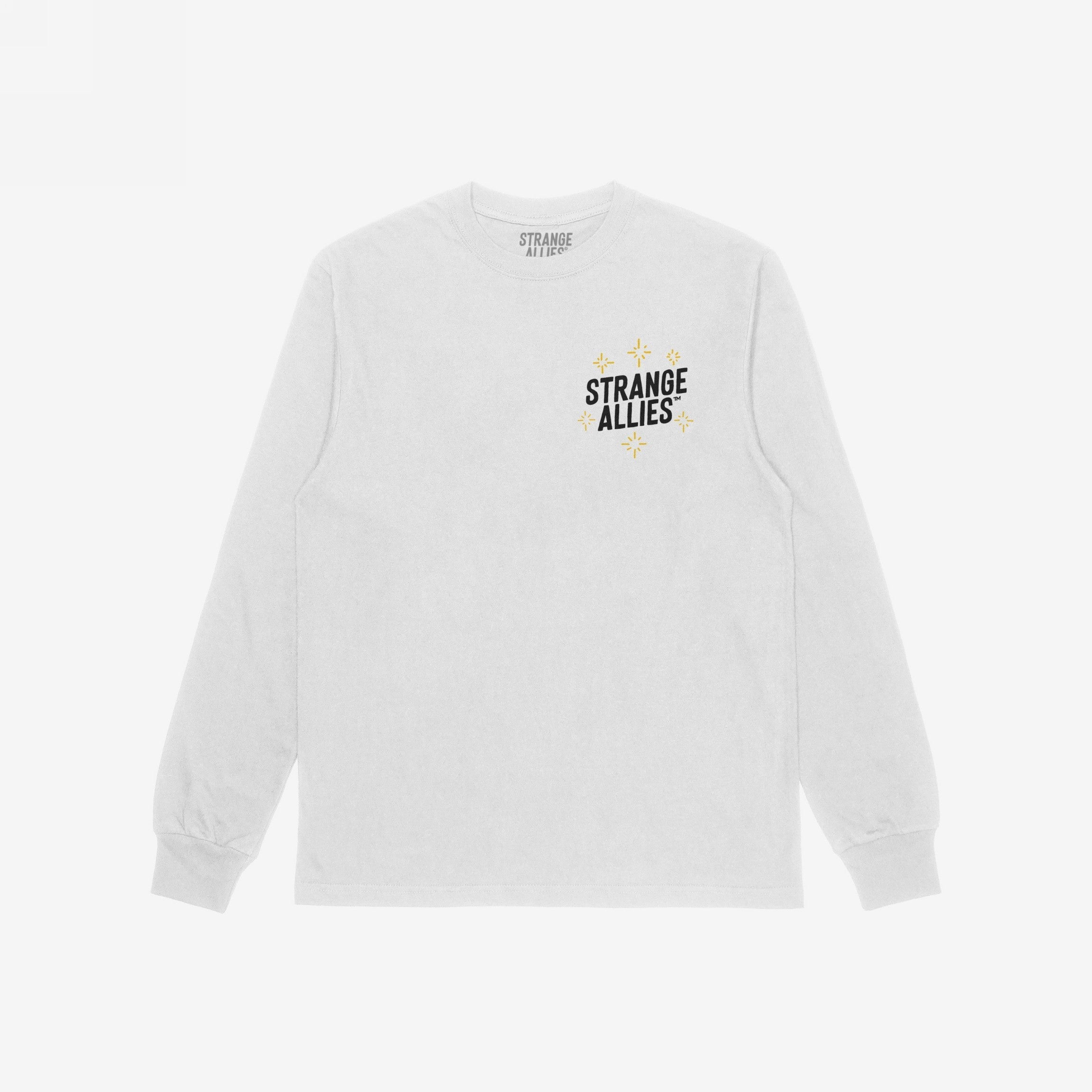 Social Club T-shirt featuring STRANGE ALLIES text with starburst graphics on the front; celebrates camaraderie with skeletons clinking glasses on the back, inviting connection and shared humor.