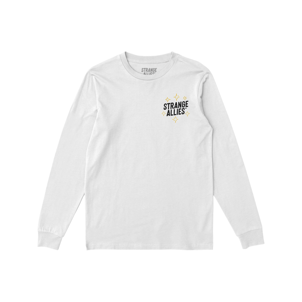 Social Club T-shirt featuring STRANGE ALLIES text with starburst graphics on the front; celebrates camaraderie with skeletons