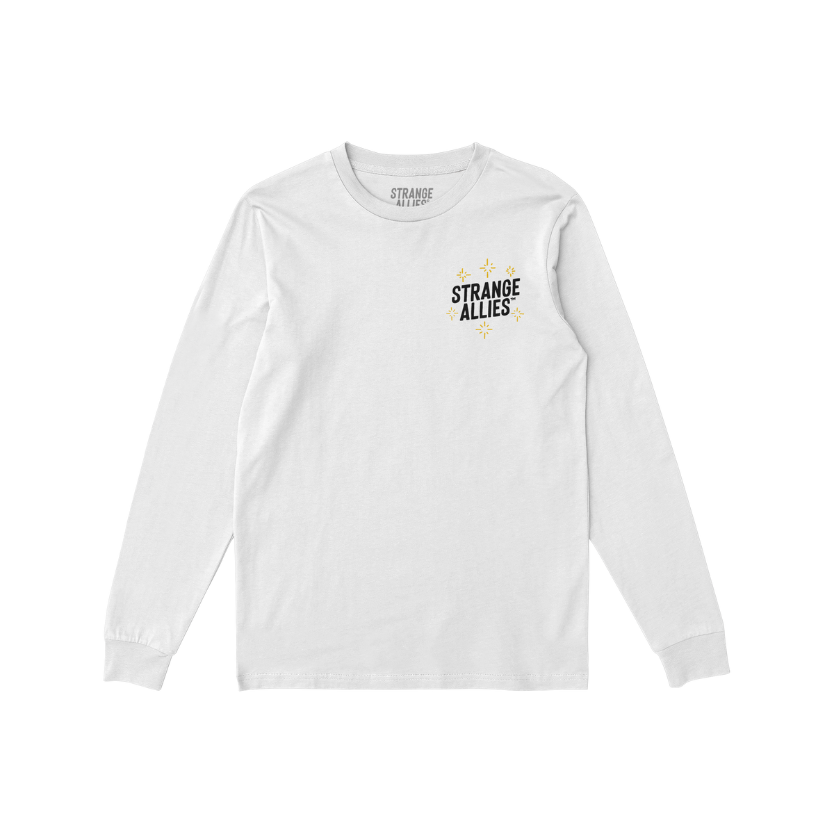 Social Club T-shirt featuring STRANGE ALLIES text with starburst graphics on the front; celebrates camaraderie with skeletons