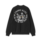 Social Club Hoodie & Sweatshirt featuring a back circular graphic of skeletons clinking beer mugs, with STRANGE ALLIES and WE