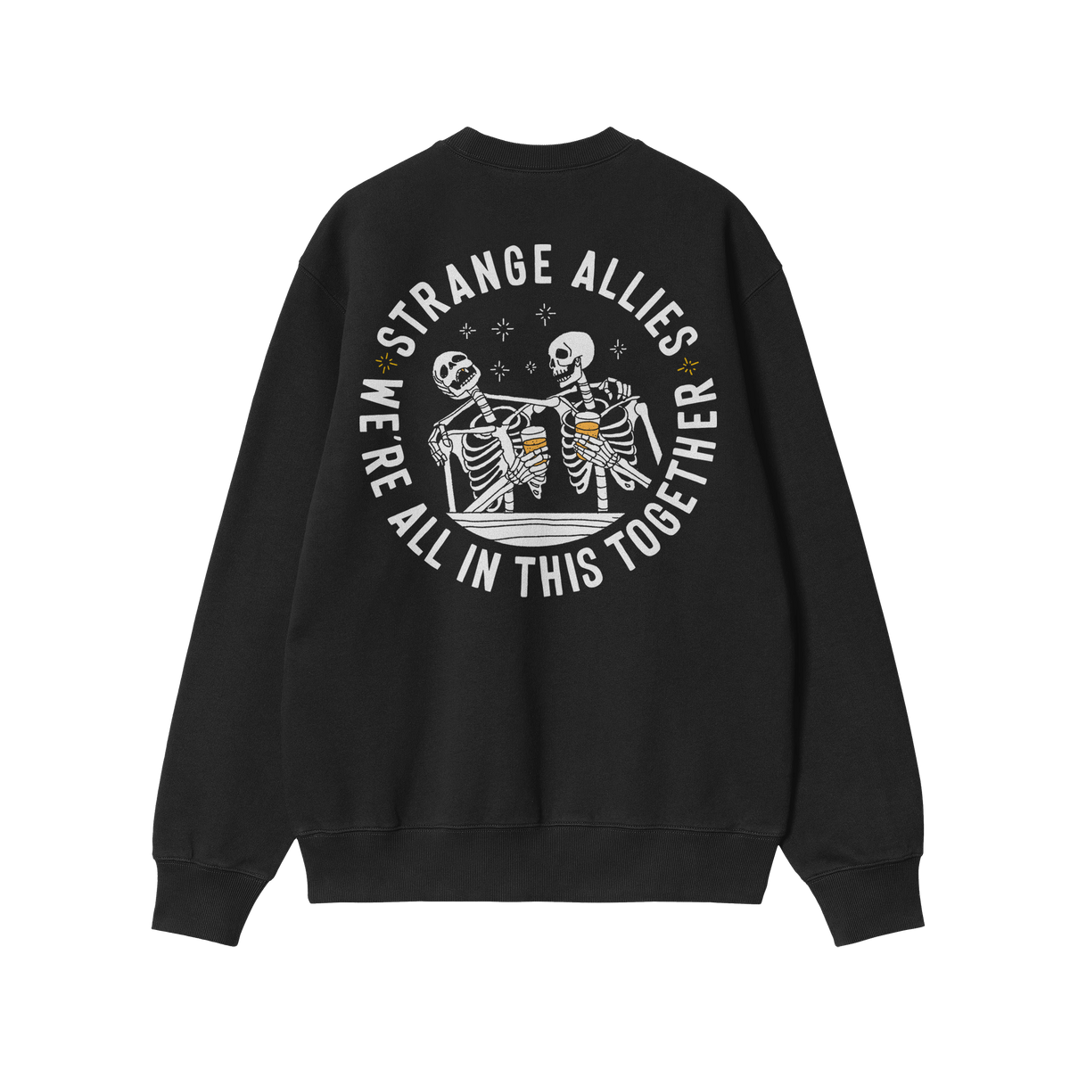 Social Club Hoodie & Sweatshirt featuring a back circular graphic of skeletons clinking beer mugs, with STRANGE ALLIES and WE