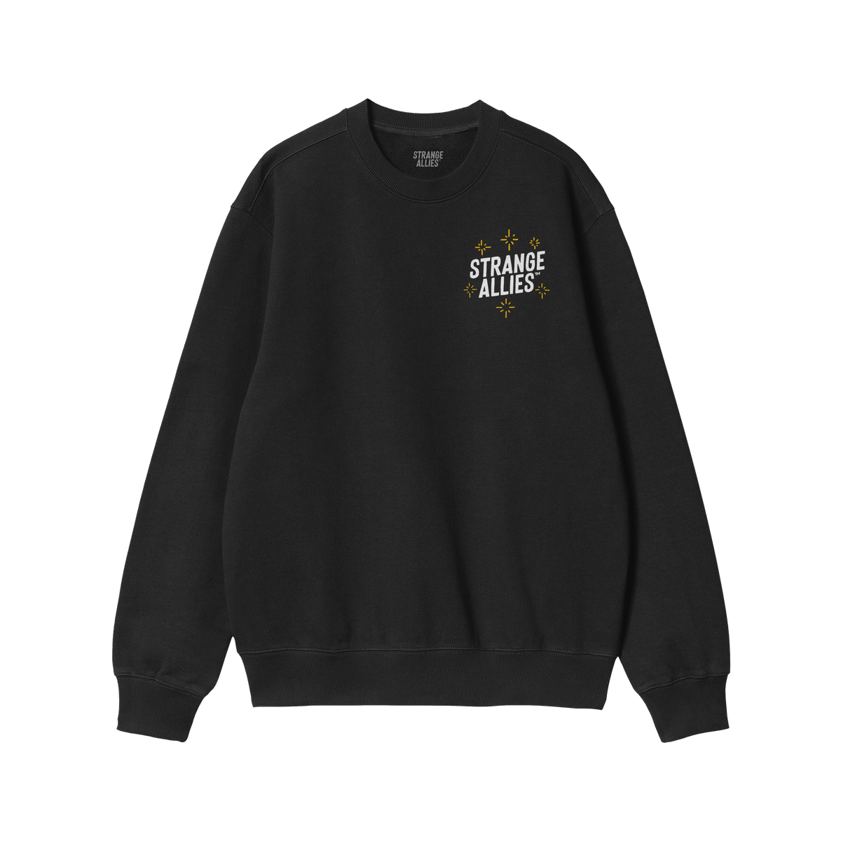 Social Club Hoodie & Sweatshirt features STRANGE ALLIES text with sparkles on front, embodying quirky solidarity. Ideal for g