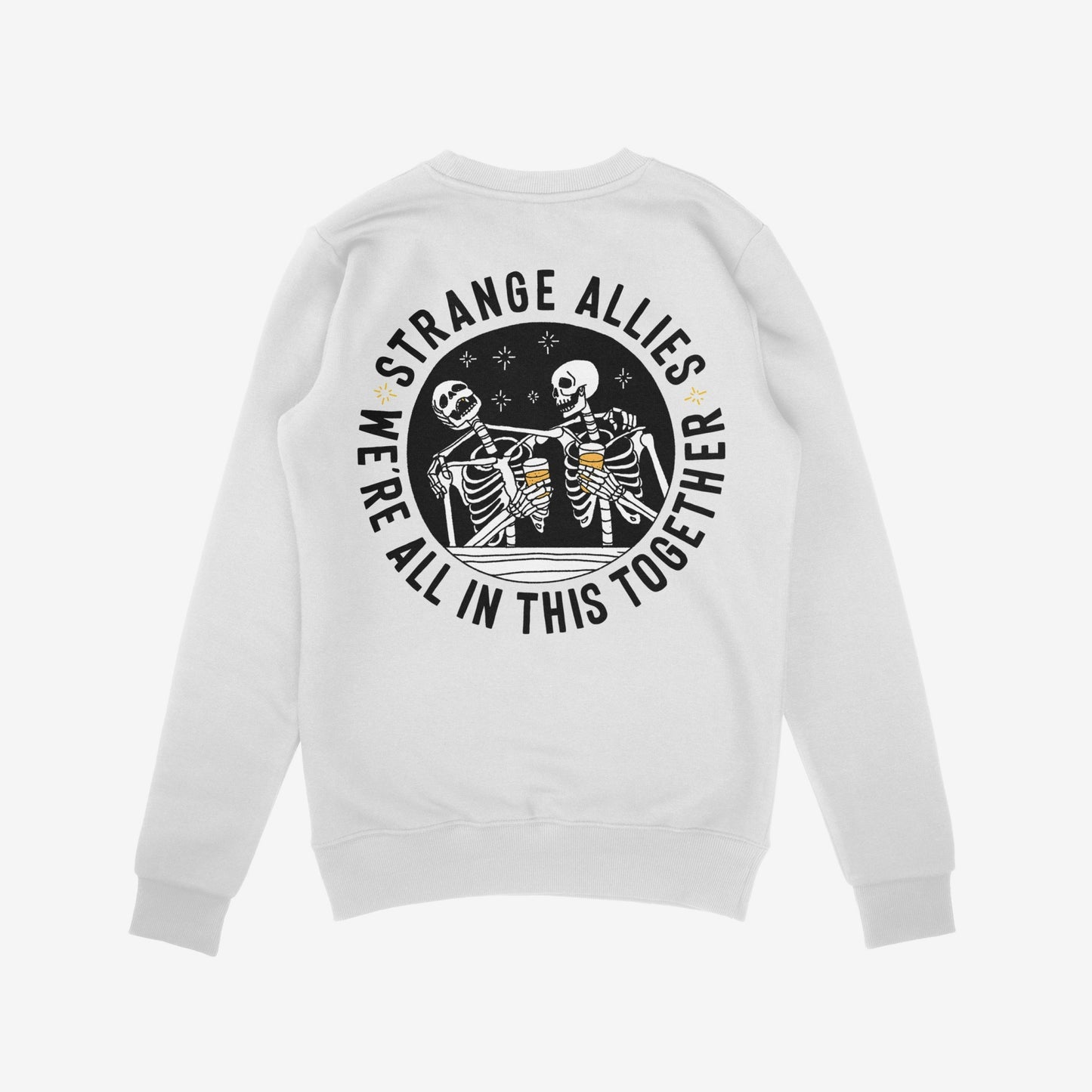 Social Club Hoodie & Sweatshirt featuring two skeletons clinking beer mugs in a hot-tub, encircled by the slogan “WE’RE ALL IN THIS TOGETHER.” Perfect for showcasing solidarity with a humorous twist.