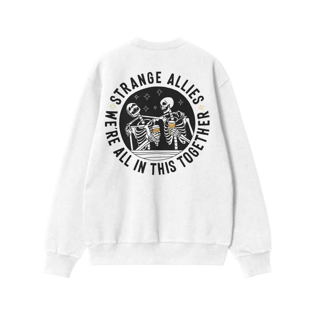 Social Club Hoodie & Sweatshirt featuring two skeletons clinking beer mugs in a hot-tub, encircled by the slogan “WE’RE A