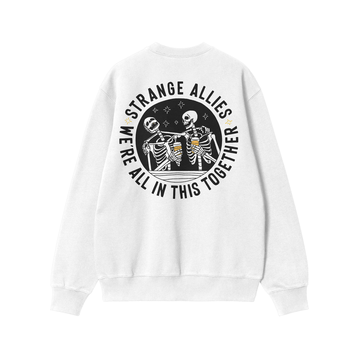 Social Club Hoodie & Sweatshirt featuring two skeletons clinking beer mugs in a hot-tub, encircled by the slogan “WE’RE A