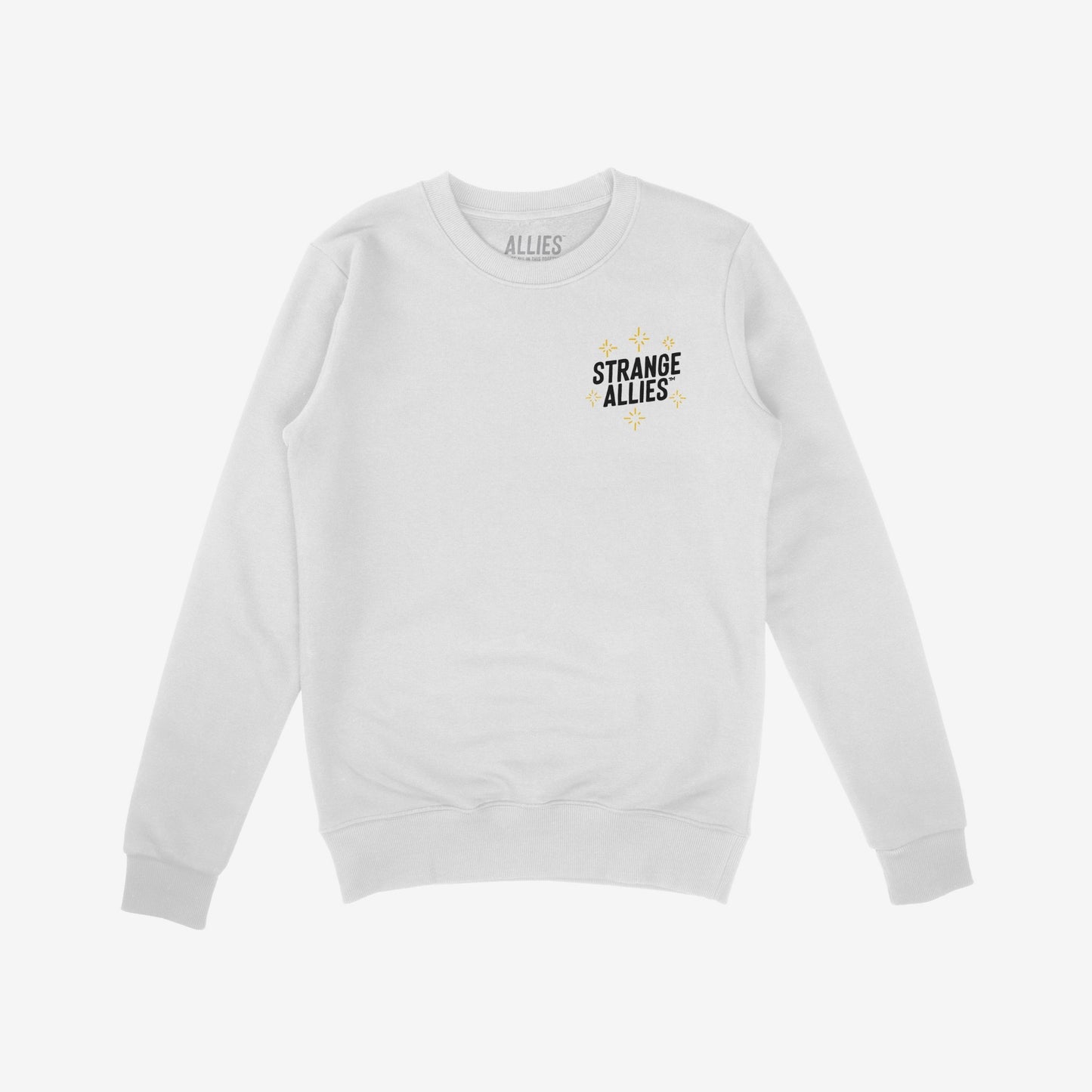 Social Club Hoodie & Sweatshirt featuring “STRANGE ALLIES” chest print with starburst accents, embodies a quirky and supportive vibe, perfect for gatherings or everyday wear.