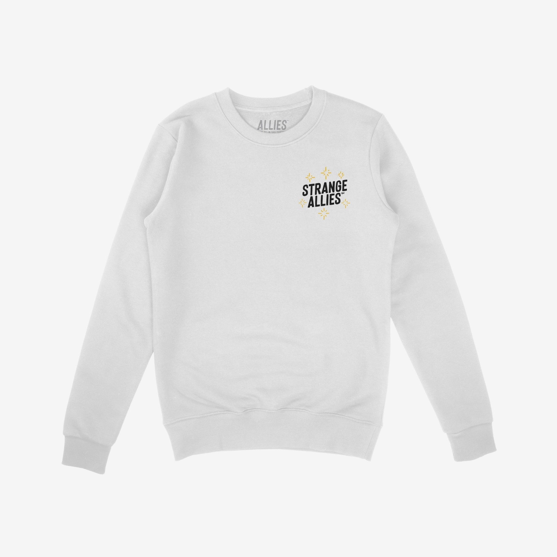 Social Club Hoodie & Sweatshirt featuring “STRANGE ALLIES” chest print with starburst accents, embodies a quirky and supportive vibe, perfect for gatherings or everyday wear.