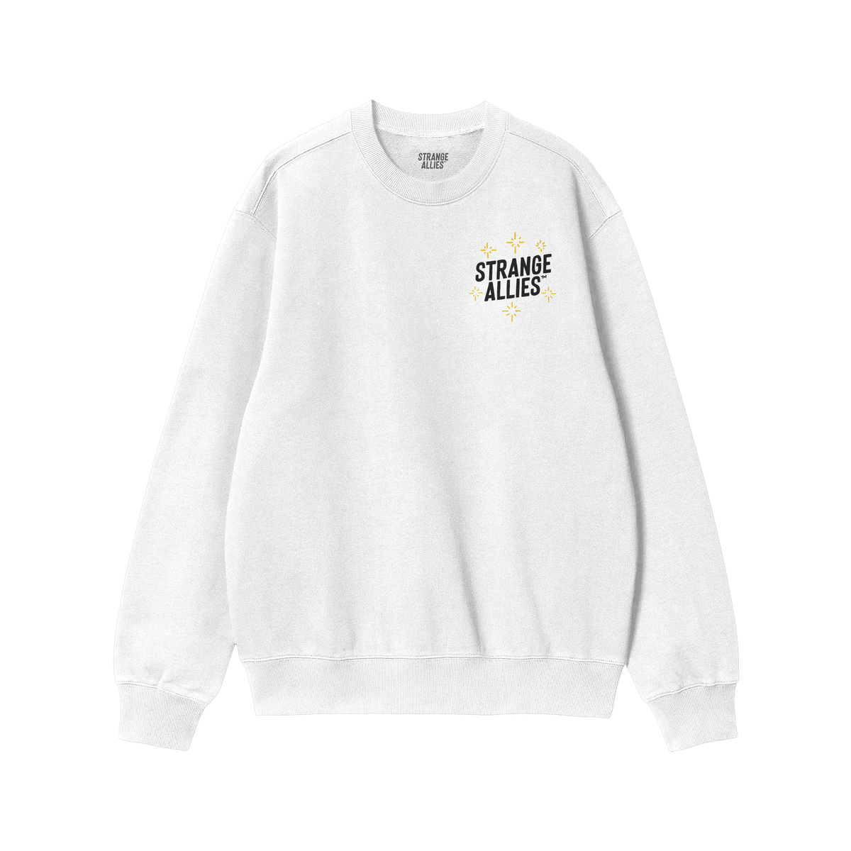 Social Club Hoodie & Sweatshirt featuring “STRANGE ALLIES” chest print with starburst accents, embodies a quirky and supp