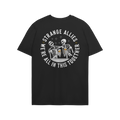 Social Club T-shirt features two cartoon skeletons clinking beer mugs, encircled by the slogan STRANGE ALLIES and WE’RE ALL