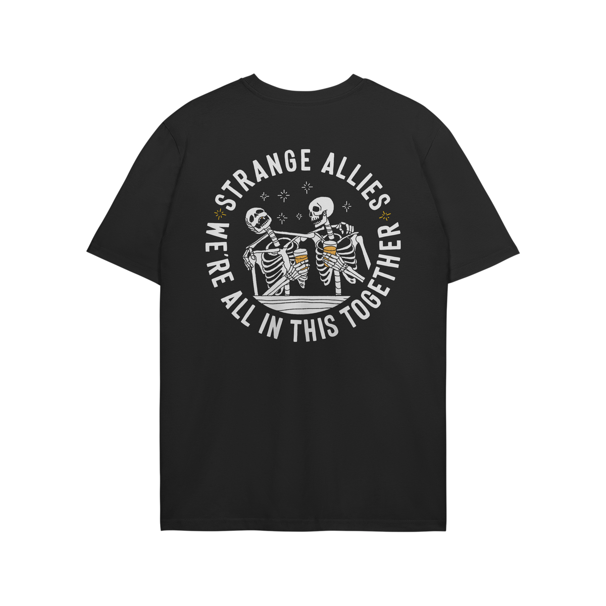 Social Club T-shirt features two cartoon skeletons clinking beer mugs, encircled by the slogan STRANGE ALLIES and WE’RE ALL