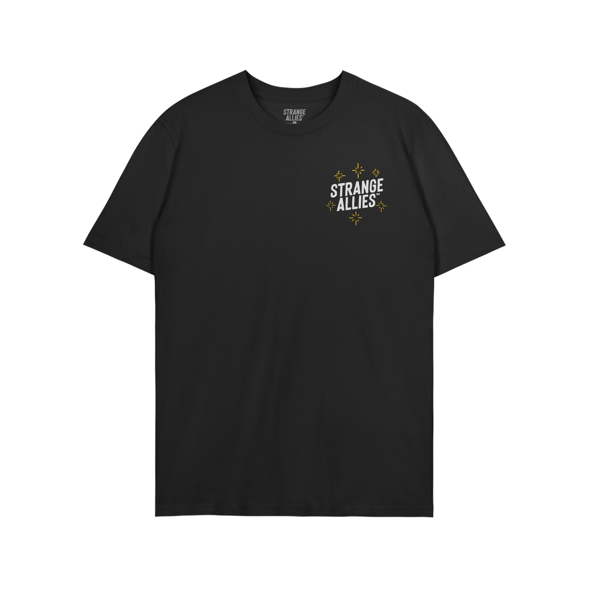 Social Club T-shirt features STRANGE ALLIES in white with gold starbursts on the front, celebrating unexpected friendships. B