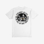 Social Club T-shirt depicting two smiling skeletons with beer mugs under the text “WE’RE ALL IN THIS TOGETHER”, symbolizing unity among diverse individuals.