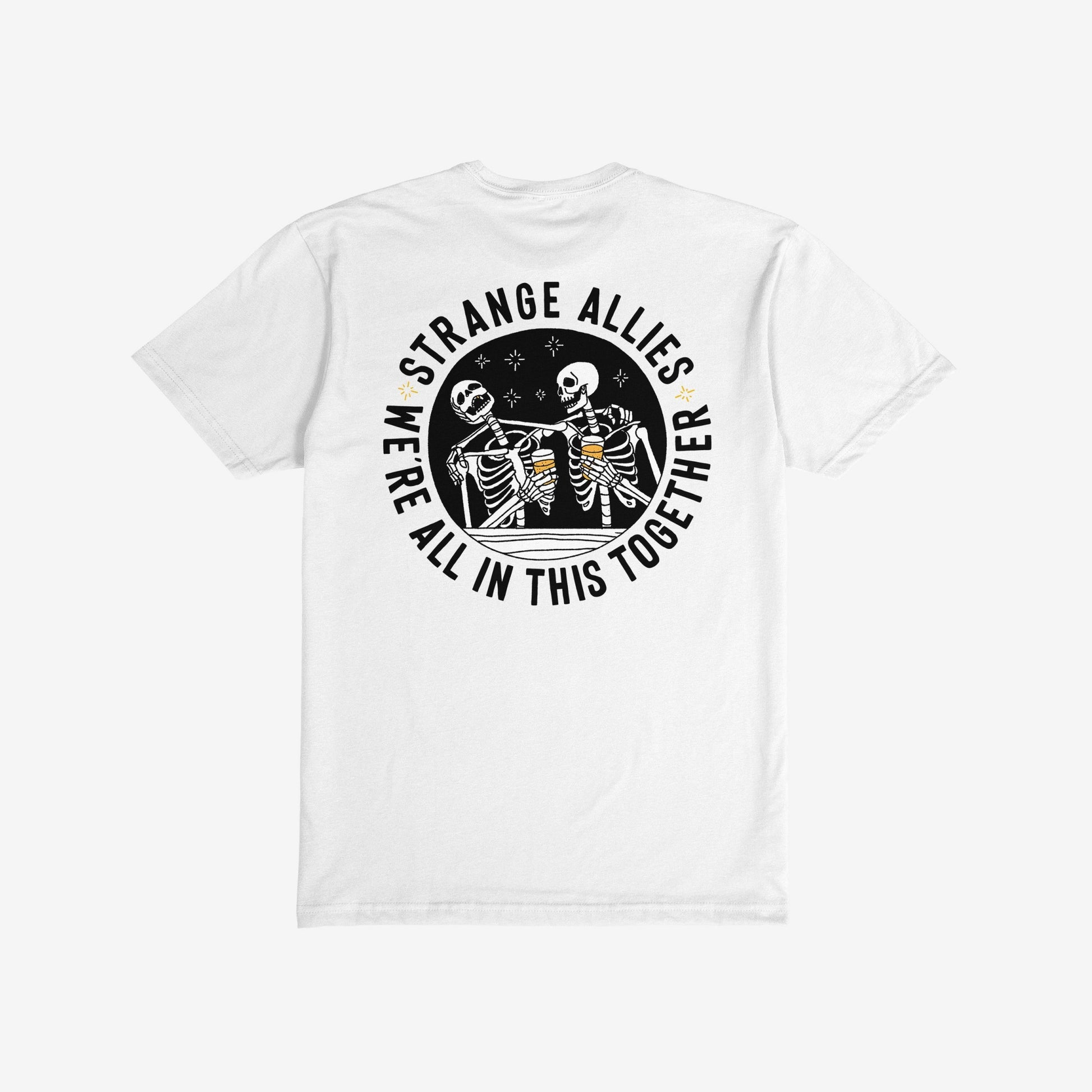 Social Club T-shirt depicting two smiling skeletons with beer mugs under the text “WE’RE ALL IN THIS TOGETHER”, symbolizing unity among diverse individuals.