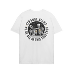 Social Club T-shirt depicting two smiling skeletons with beer mugs under the text “WE’RE ALL IN THIS TOGETHER”, symboli
