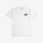 Social Club T-shirt featuring a small STRANGE ALLIES graphic with star-like sparkles on the chest and a playful skeleton design on the back, symbolizing camaraderie and shared understanding.